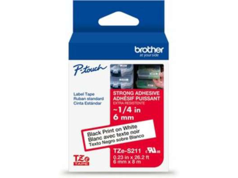 Brother P-touch TZeS211 Black Print on White Label Tape  1/4in (6mm) x 26.2ft (8m) Laminated  1-Piece