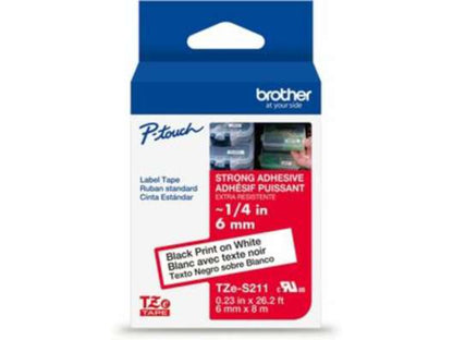 Brother P-touch TZeS211 Black Print on White Label Tape  1/4in (6mm) x 26.2ft (8m) Laminated  1-Piece