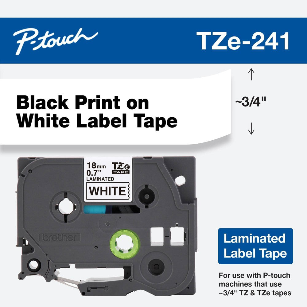 Brother P-touch TZe241 Black Print on White Label Tape  3/4in (18mm) x 26.2ft (8m) Laminated  1-Piece
