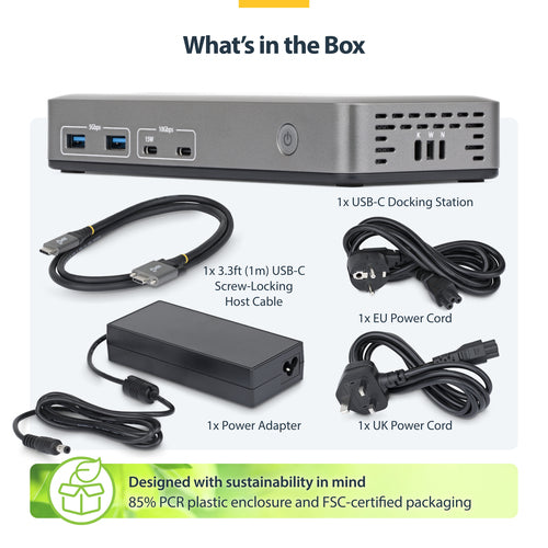 StarTech.com Dual-Monitor USB-C Docking Station, DisplayPort, 4K 60Hz, 100W Laptop Charging, 1GbE, Driverless, Multi-Monitor Dock For Windows