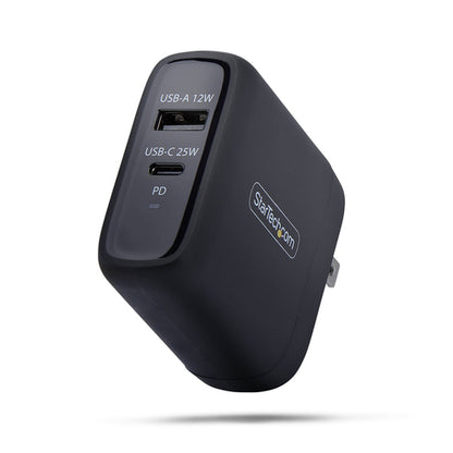StarTech.com 37W USB-C & USB-A Wall Charger, Portable Charger with USB Power Delivery Fast Charging, 25W USB-C PD / 12W USB-A Output, Dual-Port USB-C/USB-A