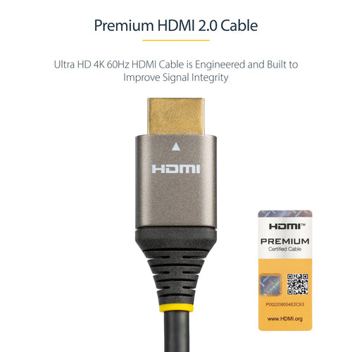 StarTech.com 20in (0.5m) Premium Certified HDMI 2.0 Cable - High-Speed Ultra HD 4K 60Hz HDMI Cable with Ethernet - HDR10, ARC - TPE Jacket - UHD HDMI Video Cord - For UHD Monitors, TVs, Displays - M/M