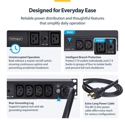 StarTech.com 20-Outlet Rackmount PDU, 1U Server Power Strip, 16x C13 + 4x C19, 8x Front and 12x Rear Outlets, NEMA L6-30P Wall Connection, 30A/240V, UL-Listed, TAA