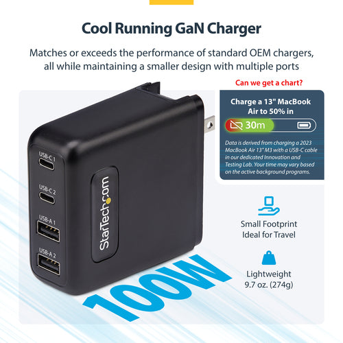 StarTech.com 100W USB-C Wall Charger, 2x USB-C/2x USB-A, Fast Charging Portable GaN Charger Power Adapter, USB Power Delivery 3.0, 6ft/1.8m Cable