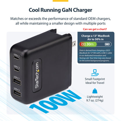 StarTech.com 100W USB-C Wall Charger, 2x USB-C/2x USB-A, Fast Charging Portable GaN Charger Power Adapter, USB Power Delivery 3.0, 6ft/1.8m Cable