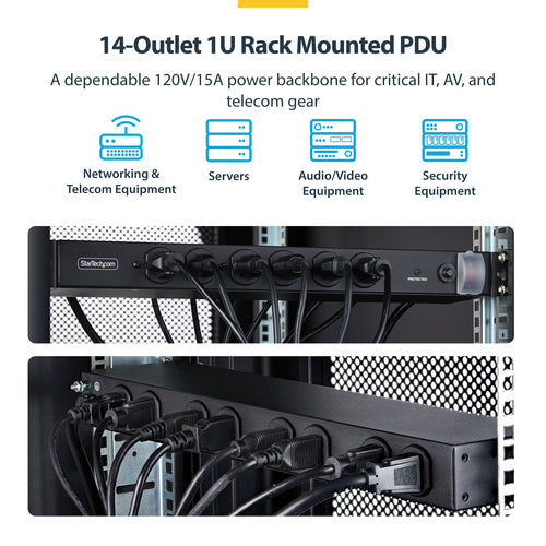 StarTech.com 14-Outlet Rackmount PDU, 1U Server Power Strip with 6x Front and 8x Rear Ports, Mounted Power Distribution Unit for 19-Inch Racks and Cabinets