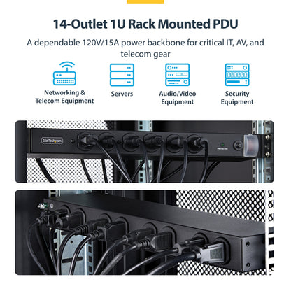 StarTech.com 14-Outlet Rackmount PDU, 1U Server Power Strip with 6x Front and 8x Rear Ports, Mounted Power Distribution Unit for 19-Inch Racks and Cabinets
