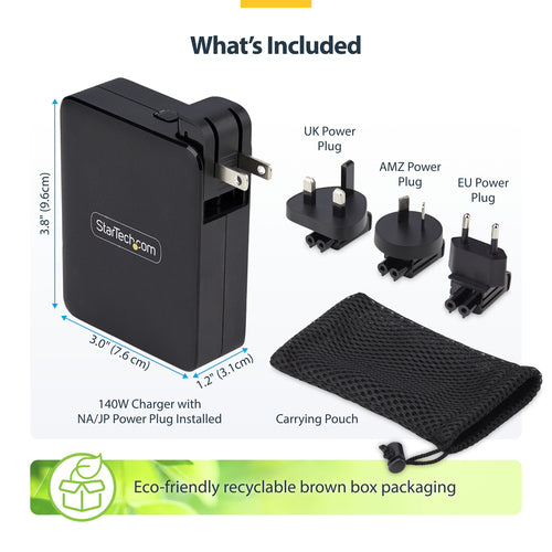 StarTech.com 140W USB-C Wall Charger, 3x USB-C/1x USB-A, PD 3.1 International GaN Power Adapter for MacBook/Dell XPS/Inspiron