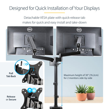 StarTech.com Desk Mount Dual Monitor Arm, Full Motion Monitor Mount for 2x VESA Displays up to 32" (17.6lb/8kg), Height Adjustable, Clamp/Grommet Mount, Mechanical Spring