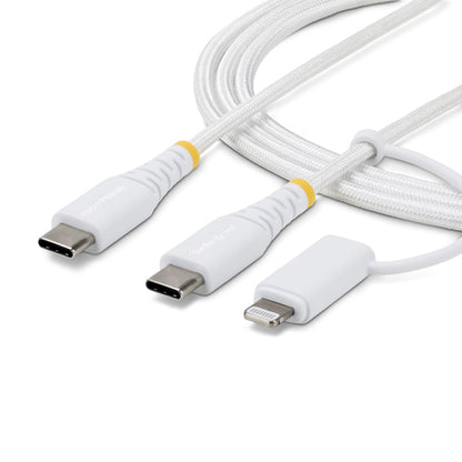 StarTech.com 1m (3ft) 2-in-1 Rugged USB-C Charging Cable with Lightning Adapter, 30W/60W (3A), Apple MFi Certified, Braided USB C Charger Cord for iPhone/iPad/Android