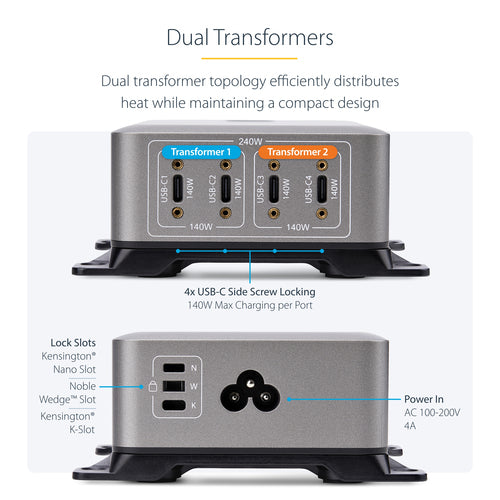 StarTech.com 4-Port Multi-Device USB-C Charger, 240W Total, Single Port 140W EPR, PD 3.1, Screw Locking Ports, Boardrooms, Bracket incl. for Surface Mounting