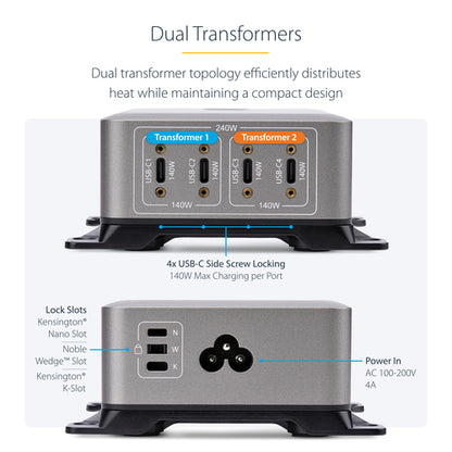 StarTech.com 4-Port Multi-Device USB-C Charger, 240W Total, Single Port 140W EPR, PD 3.1, Screw Locking Ports, Boardrooms, Bracket incl. for Surface Mounting