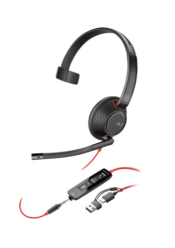 HP Poly Blackwire 5210 Monaural USB-C Headset +3.5mm Plug +USB-C/A Adapter