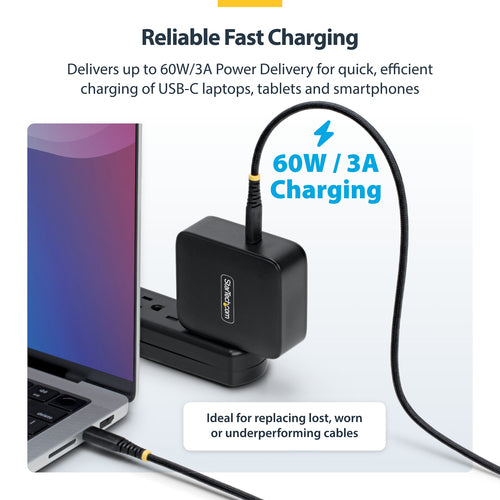 StarTech.com 1ft (30cm) USB-C Charging Cable, 60W (3A) PD, Dual-Layer Braided Nylon/TPE Jacket, Rugged USB C Charging Cord, USB 2.0 Laptop Charger Cable