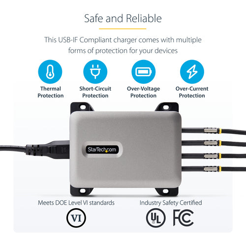 StarTech.com 4-Port Multi-Device USB-C Charger, 240W Total, Single Port 140W EPR, PD 3.1, Screw Locking Ports, Boardrooms, Bracket incl. for Surface Mounting