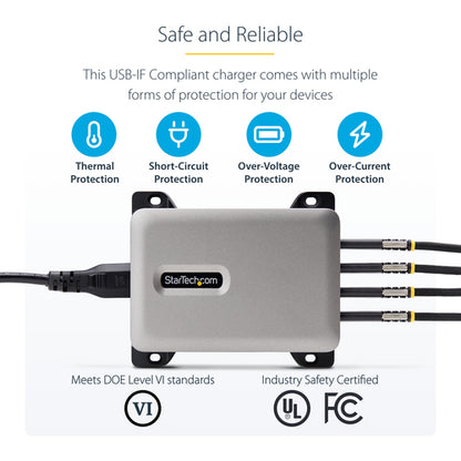 StarTech.com 4-Port Multi-Device USB-C Charger, 240W Total, Single Port 140W EPR, PD 3.1, Screw Locking Ports, Boardrooms, Bracket incl. for Surface Mounting