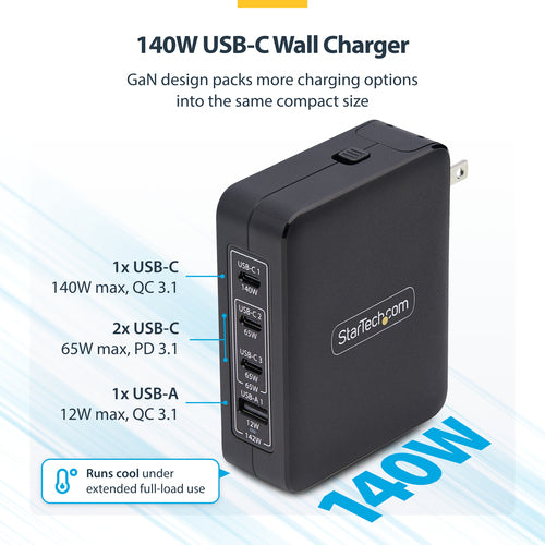 StarTech.com 140W USB-C Wall Charger, 3x USB-C/1x USB-A, PD 3.1 GaN Power Adapter for MacBook, Dell XPS/Inspiron/Precision