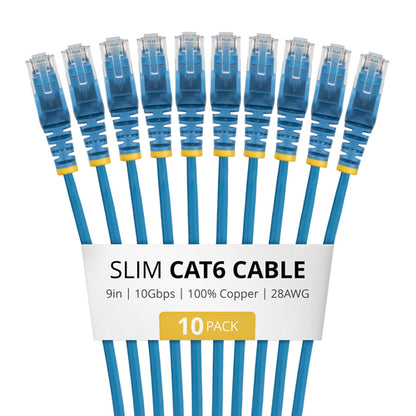 StarTech.com 9in Blue Slim CAT6 Cable, 10 Pack, Snagless, 100W PoE, UTP, LSZH, 28AWG Pure Bare Copper Wire, Slim RJ45 Network Patch Cord w/Strain Reliefs, Individually Tested