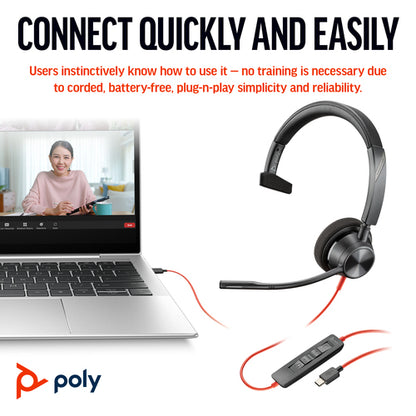 HP Poly Blackwire 3310 Monaural Microsoft Teams Certified USB-C Headset +USB-C/A Adapter