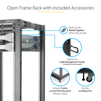 StarTech.com 4-Post 25U Mobile Open Frame Server Rack, Four Post 19in Network Rack with Wheels, Rolling Rack with Adjustable Depth for Computer/AV/Data/IT Equipment - Casters, Leveling Feet or Floor Mounting