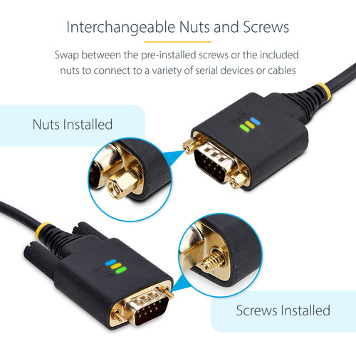 StarTech.com 6.6ft (2m) USB to Serial Adapter Cable, COM Retention, Interchangeable Screws/Nuts, USB-A to DB9 RS232, FTDI IC, ESD Protection, Windows/macOS/Linux