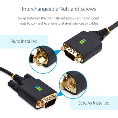 StarTech.com 6.6ft (2m) USB to Serial Adapter Cable, COM Retention, Interchangeable Screws/Nuts, USB-A to DB9 RS232, FTDI IC, ESD Protection, Windows/macOS/Linux