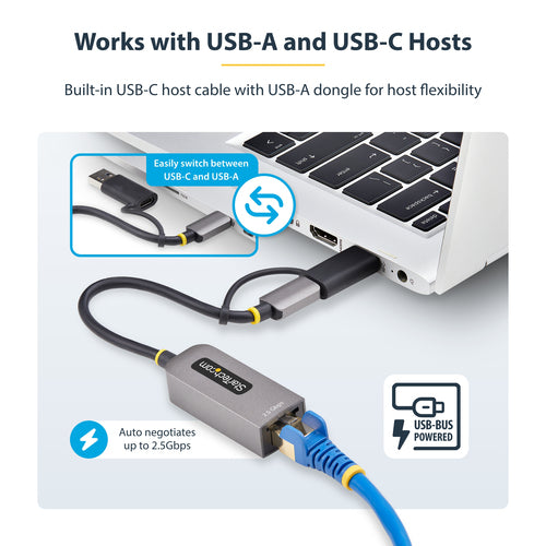 StarTech.com 2.5GbE USB-C to Ethernet Adapter with USB-A Converter, NBASE-T NIC, USB 3.0 Type-C 2.5/1G Multi Speed Network, Thunderbolt Compatible, Windows & Mac