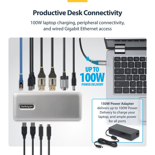 StarTech.com Dual-Monitor USB-C Docking Station, DisplayPort, 4K 60Hz, 100W Laptop Charging, 1GbE, Driverless, Multi-Monitor Dock For Windows