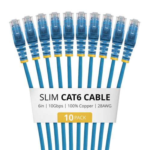 StarTech.com 6in Blue Slim CAT6 Cable, 10 Pack, Snagless, 100W PoE, UTP, LSZH, 28AWG Pure Bare Copper Wire, Slim RJ45 Network Patch Cord w/Strain Reliefs, Individually Tested