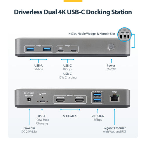 StarTech.com Dual-Monitor USB-C Docking Station, HDMI, 4K 60Hz, 100W Laptop Charging, 1GbE, Driverless, Multi-Monitor Dock For Windows