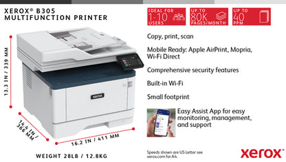 Xerox B305 A4 38ppm Wireless Duplex Copy/Print/Scan PS3 PCL5e/6 2 Trays 350 Sheets