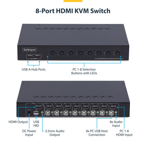 StarTech.com 8-Port HDMI KVM Switch with 1U Rack Mount Kit, 4K 60Hz HDMI 2.0, Push-Button & Hotkey Switching, 4-Port USB Hub, OS Independent, TAA Compliant