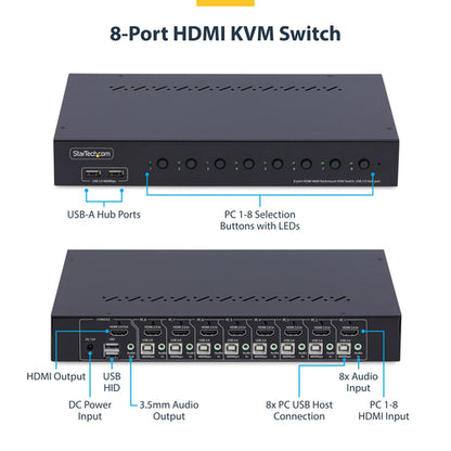 StarTech.com 8-Port HDMI KVM Switch with 1U Rack Mount Kit, 4K 60Hz HDMI 2.0, Push-Button & Hotkey Switching, 4-Port USB Hub, OS Independent, TAA Compliant