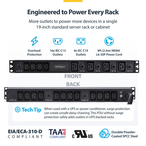 StarTech.com 20-Outlet Rackmount PDU, 1U Server Power Strip, 16x C13 + 4x C19, 8x Front and 12x Rear Outlets, NEMA L6-30P Wall Connection, 30A/240V, UL-Listed, TAA