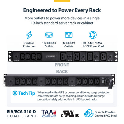 StarTech.com 20-Outlet Rackmount PDU, 1U Server Power Strip, 16x C13 + 4x C19, 8x Front and 12x Rear Outlets, NEMA L6-30P Wall Connection, 30A/240V, UL-Listed, TAA