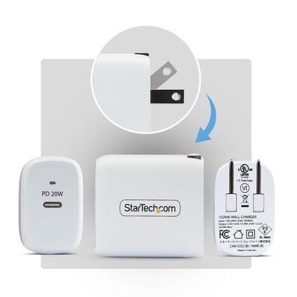 StarTech.com 20W USB‑C Wall Charger, Portable Charger with USB Power Delivery Fast Charging, 5V/9V PD, USB-C Charger, White