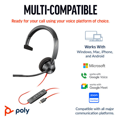 HP Poly Blackwire 3310 Monaural Microsoft Teams Certified USB-C Headset +USB-C/A Adapter