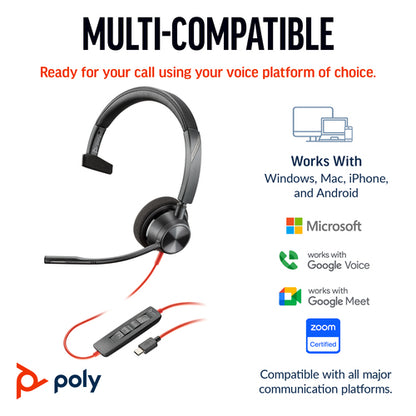 HP Poly Blackwire 3310 Monaural Microsoft Teams Certified USB-C Headset +USB-C/A Adapter