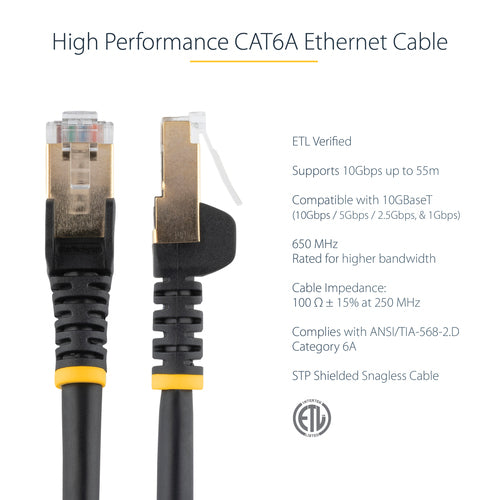 StarTech.com 1ft CAT6a Ethernet Cable - 10 Gigabit Shielded Snagless RJ45 100W PoE Patch Cord - 10GbE STP Network Cable w/Strain Relief - Black Individually Tested/Wiring is UL Certified/TIA