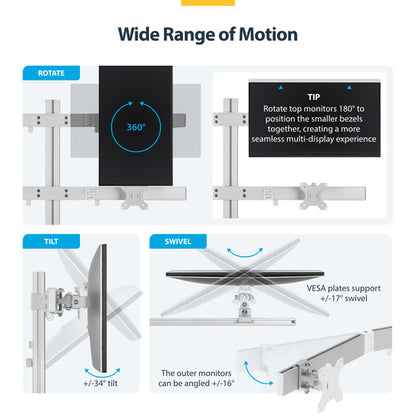 StarTech.com Six-Monitor Desk Mount with Crossbar, Up To 32-inch Computer Screens, Max 17.6lb (8kg) each, Dual Column, C-clamp/Grommet, Height Adjustable