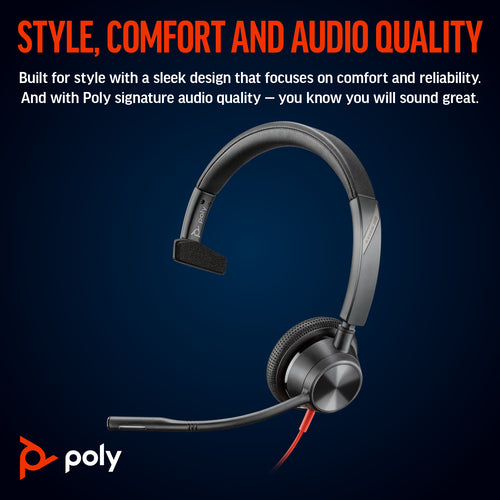 HP Poly Blackwire 3315 Monaural Microsoft Teams Certified USB-C Headset +3.5mm Plug +USB-C/A Adapter
