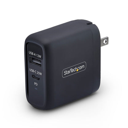 StarTech.com 37W USB-C & USB-A Wall Charger, Portable Charger with USB Power Delivery Fast Charging, 25W USB-C PD / 12W USB-A Output, Dual-Port USB-C/USB-A