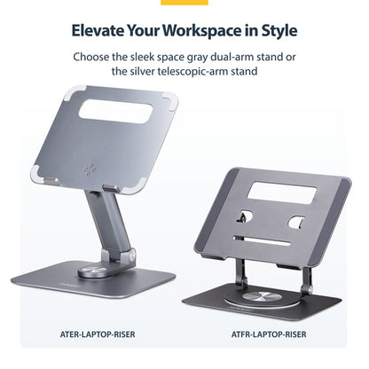 StarTech.com Telescopic Laptop Stand, 360 Swivel Base, Rotating Computer Riser for Desk, Adjustable Height and Tilt, Max 11lb/5kg, Aluminum Build, Portable Design