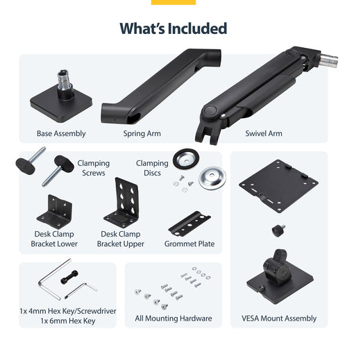 StarTech.com Monitor Desk Mount for up to 49in 32:9 Ultrawide Curved Screens, Mechanical Spring Arm, C-Clamp/Grommet, Tool-Less Adjustment, Max 44lb/20kg