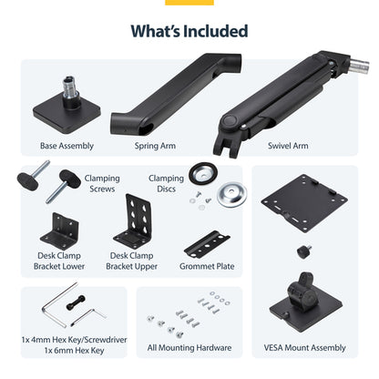 StarTech.com Monitor Desk Mount for up to 49in 32:9 Ultrawide Curved Screens, Mechanical Spring Arm, C-Clamp/Grommet, Tool-Less Adjustment, Max 44lb/20kg
