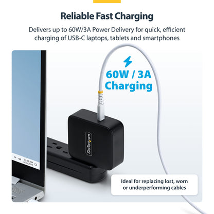 StarTech.com 6in (15cm) White USB-C Charging Cable, 60W (3A) PD, Dual-Layer Braided Nylon/TPE Jacket, Rugged USB C Charging Cord, USB 2.0 Laptop Charger Cable