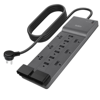 12 Outlet Belkin 12-Outlet Surge Protector Power Strip w/ 12 AC Outlets & 8ft Flat Plug  UL-listed Heavy-Duty Extension Cord for Home  Office  Computer  Laptop  Charger - 3 940 Joules 8ft Cord