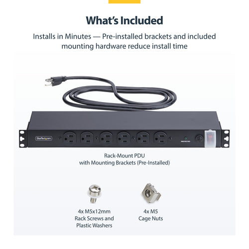 StarTech.com 14-Outlet Rackmount PDU, 1U Server Power Strip with 6x Front and 8x Rear Ports, Mounted Power Distribution Unit for 19-Inch Racks and Cabinets