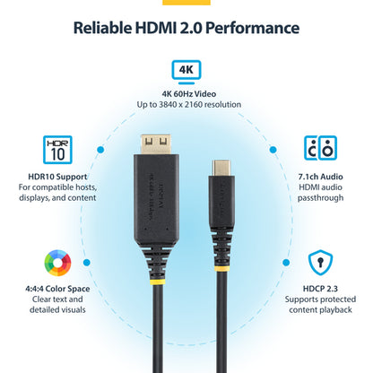 StarTech.com USB C to HDMI Adapter Cable 15ft, Gripping HDMI Connector, 4K 60Hz, Thunderbolt Compatible, HDR, Uni-Directional Cord for MacBook, Dell, HP, Lenovo
