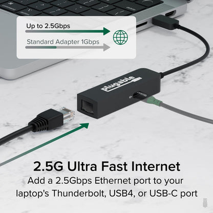 Plugable Technologies USB C to Ethernet Adapter 2.5Gb with 100W USB-C PD Charging, 2.5 Gigabit Type C USB Ethernet Adapter for Windows, MacBook, Chrome, iPad, Surface, XPS, Thunderbolt 4, USB4 (USBC-E2500PD)